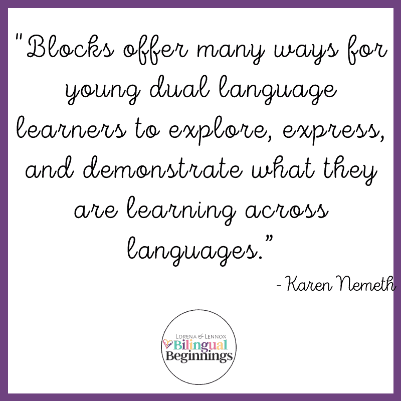 open-ended-toys-blocks One line of Koralek’s article that stood out to me as a bilingual parent, is a quote from Karen Nemeth that says “blocks offer many ways for young dual language learners to explore, express, and demonstrate what they are learning across languages” #bilingualparenting #bilingualtoys #bilingualkids #bilingualbeginnings