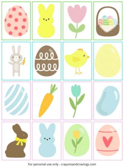 12. Easter Memory Game - with Crayons and Cravings “A free printable Easter memory game to play together as a family this Easter. The kids will love finding the 16 matching pairs of colorful cards!”