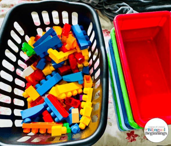 7. Lego Color Sorting Toss - By: Bilingual Beginnings“It is a super easy, yet fun way to teach your preschooler about colors. The important part is making it enjoyable. Toddler’s attention spans are so short that if it’s not entertaining, they will quickly move on to the next shiny object.”
