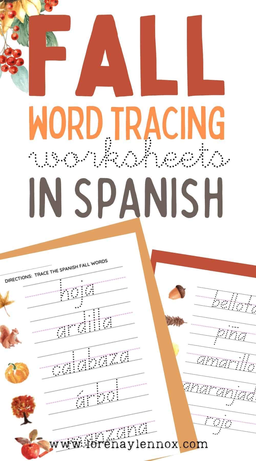 Two fall word tracing worksheets in Spanish for preschoolers and kindergarteners This is a great literacy activity for beginner writers.