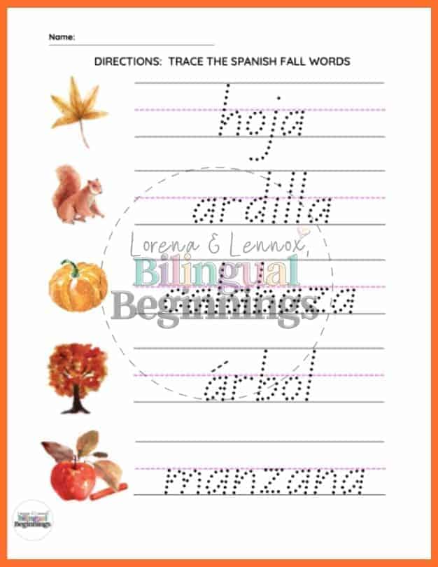 Two fall word tracing worksheets in Spanish for preschoolers and kindergarteners This is a great literacy activity for beginner writers.