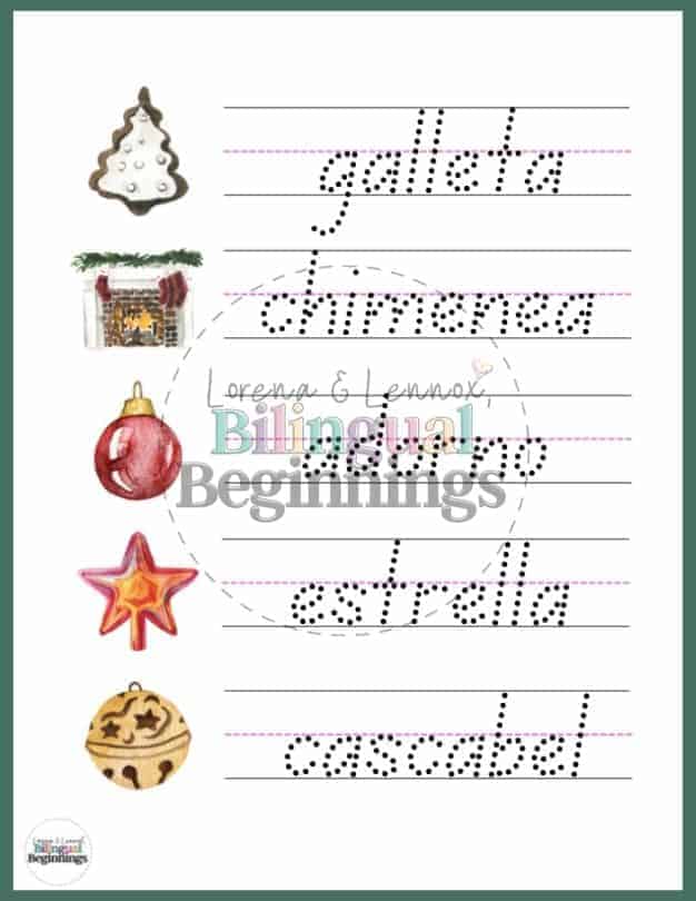 Free Printable Christmas Word Tracing Worksheets in Spanish