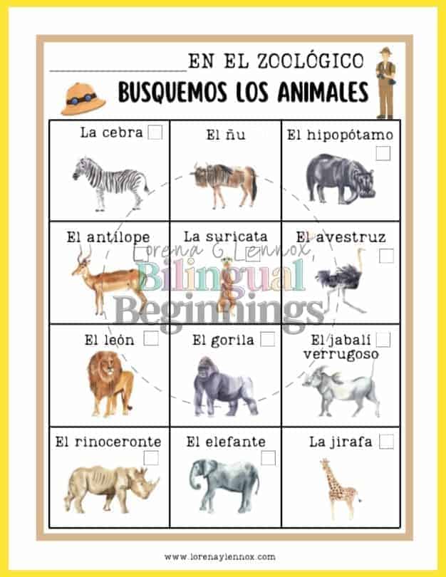Zoo Animal Printables Worksheets in Spanish for Preschoolers