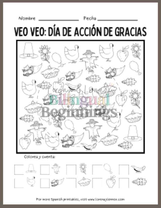 Free I Spy Thanksgiving Printables in Spanish