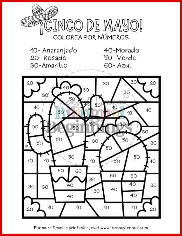Cinco de Mayo Color By Number Printables in Spanish