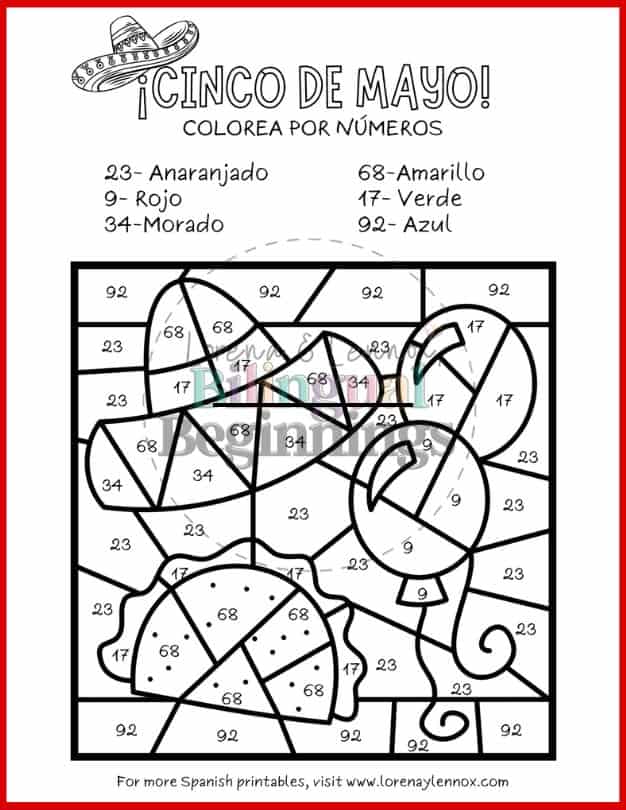 Cinco de Mayo Color By Number Printables in Spanish