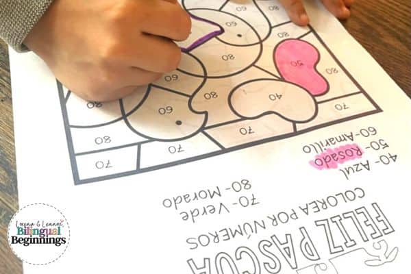 Easter color by number printables in Spanish