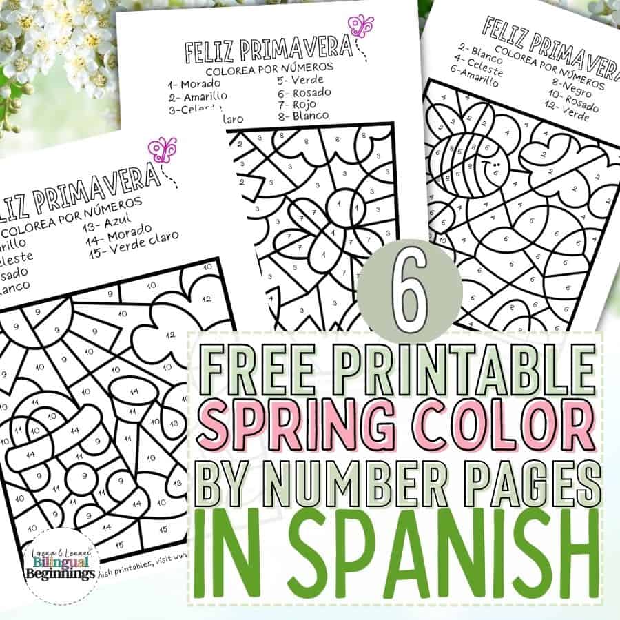 6 Free Spring Color by Number Worksheets in Spanish for Kids
