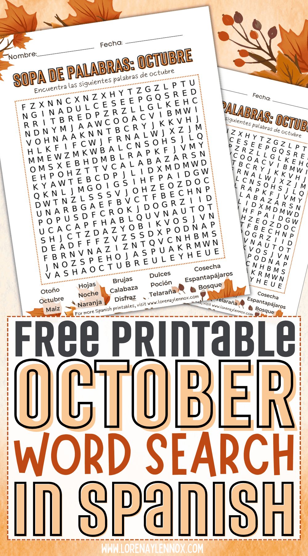 October Word Search Free Printable in Spanish