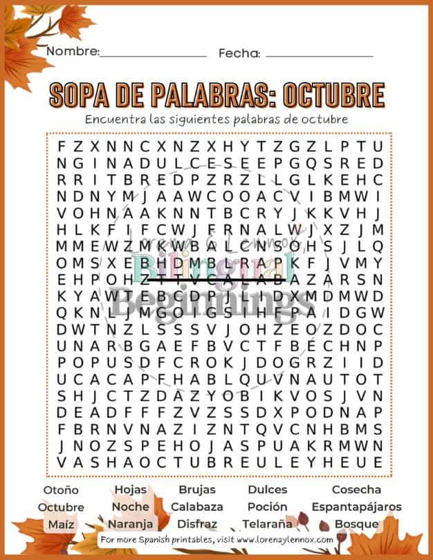 October Word Search Free Printable in Spanish
