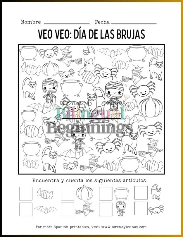 I Spy Halloween Worksheet in Spanish for Kids