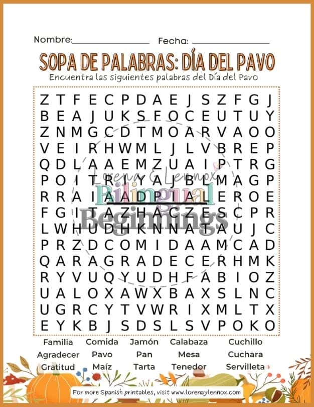 Thanksgiving Word Search Printable in Spanish