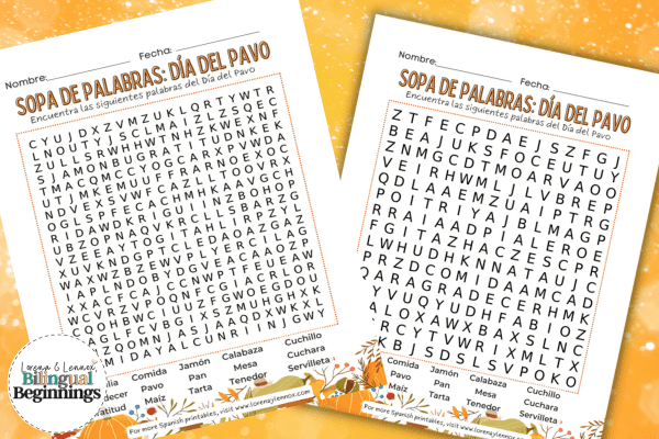 Thanksgiving Word Search Printable in Spanish
