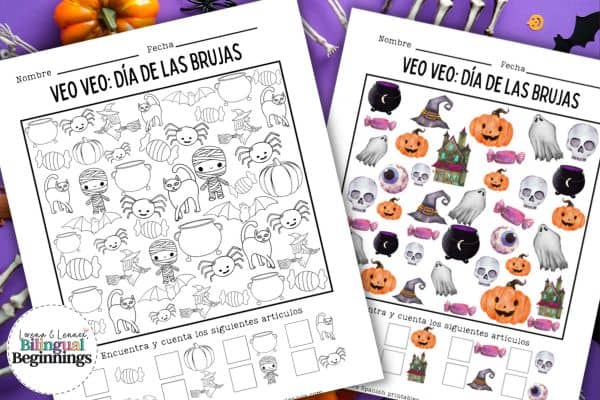 I Spy Halloween Worksheet in Spanish for Kids
