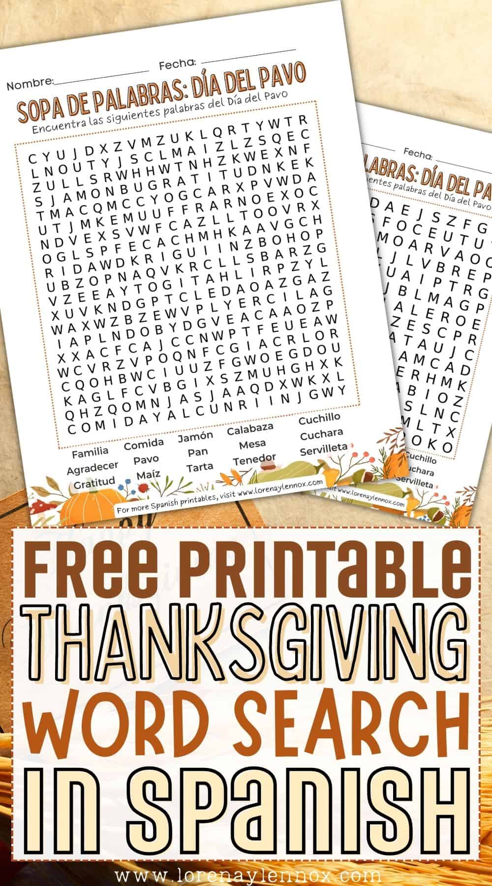 Thanksgiving Word Search Printable in Spanish