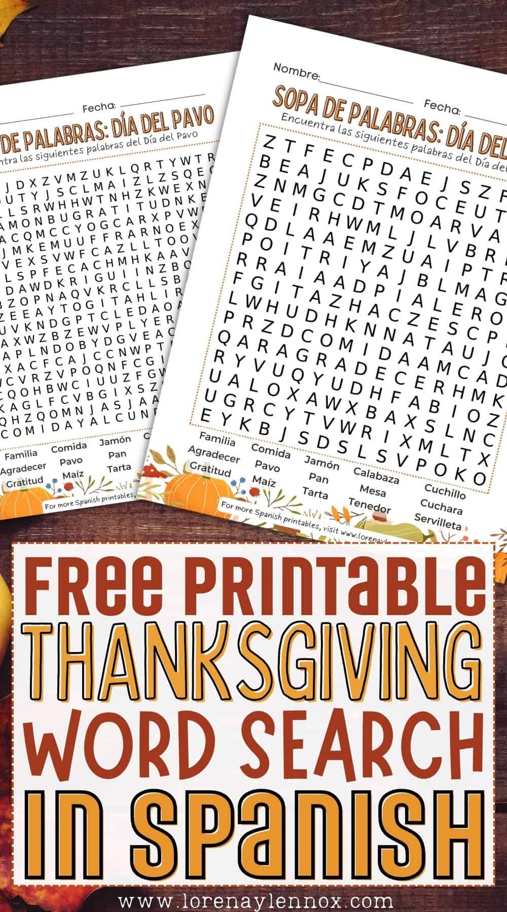 Thanksgiving Word Search Printable in Spanish