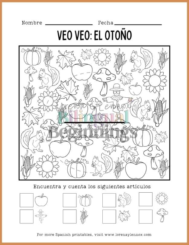 Fall I Spy Printable in Spanish