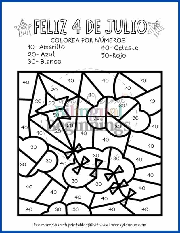 4th of July Color by Number Printables in Spanish