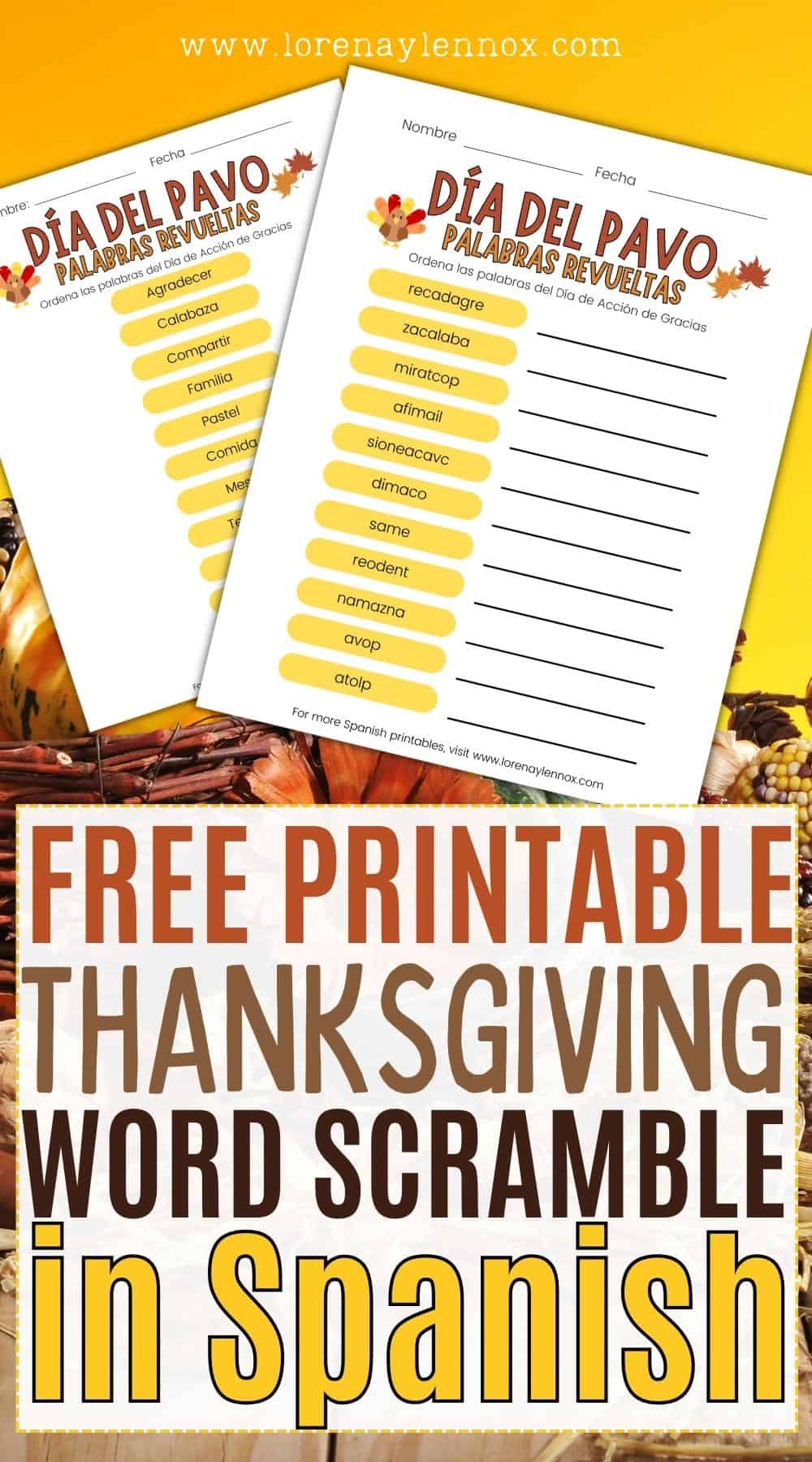 "Get into the Thanksgiving spirit with our Spanish Thanksgiving word scramble printable! Challenge your language skills and have some fun with this holiday-themed word puzzle. Download and print it today for a bilingual twist on your Thanksgiving celebrations!"