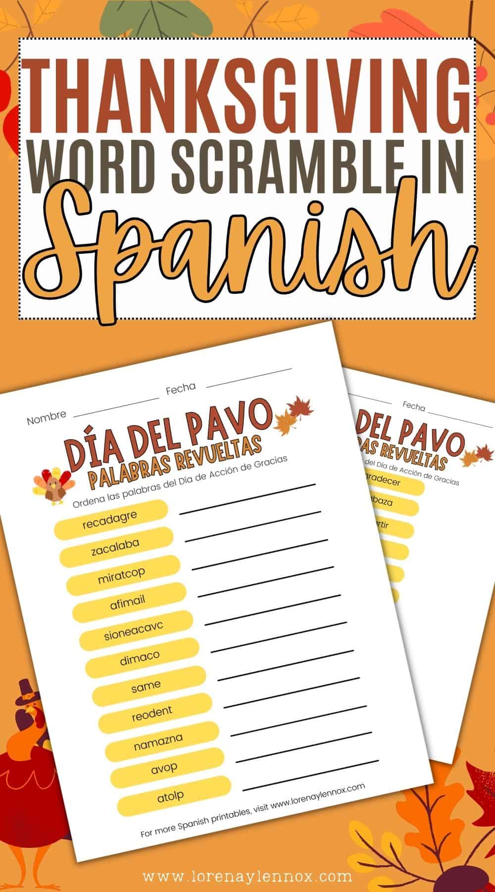 "Have fun solving this Thanksgiving word scramble game in Spanish! Download and print this Spanish word challenge and enjoy a great family moment during the festivities. Discover how many words you can unscramble and celebrate the spirit of gratitude on this special day!"