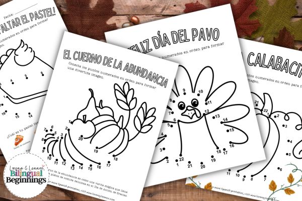 5 Free Printable Thanksgiving dot-to-dot worksheets in Spanish for Kids