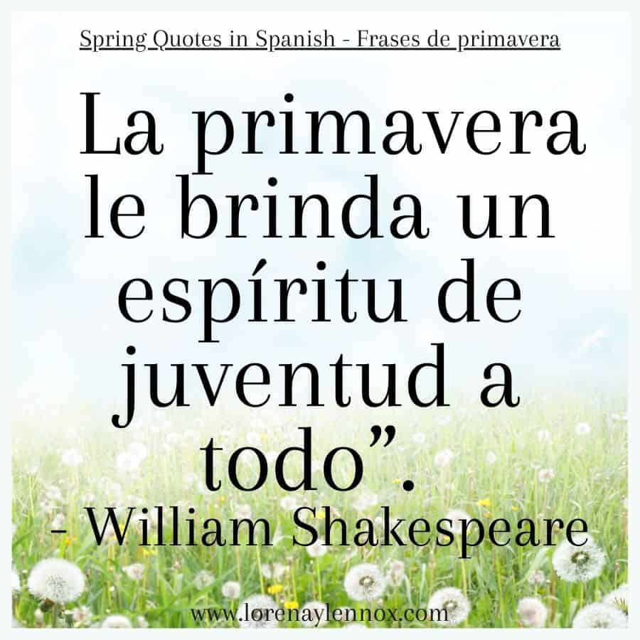 Spring Quotes in Spanish | Frases sobre la primavera La primavera le brinda un espíritu de juventud a todo”. - William Shakespeare "Spring gives a spirit of youth to everything." - William Shakespeare