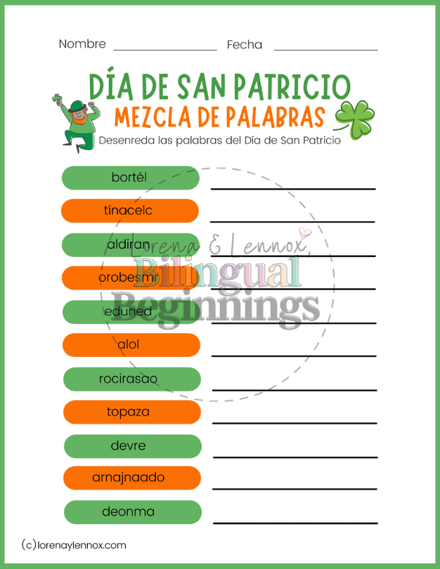 St. Patrick's Day Word Scramble in Spanish