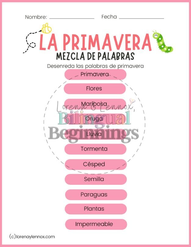 Spring Word Scramble in Spanish for Kids