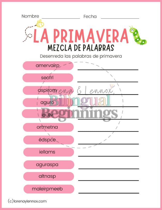 Spring Word Scramble in Spanish for Kids