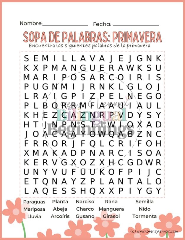 Spring word search in Spanish