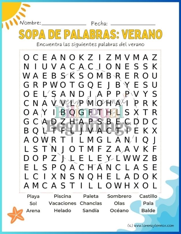 Summer word search in Spanish