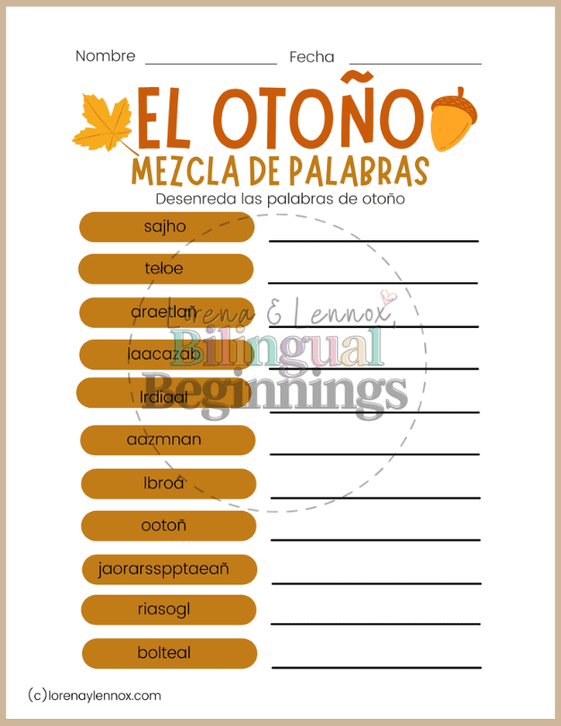 Spanish Fall Word Scramble in Spanish