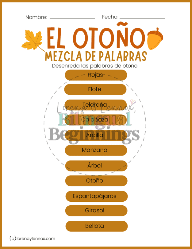 Fall Word Scramble in Spanish for Kids – Answer Key