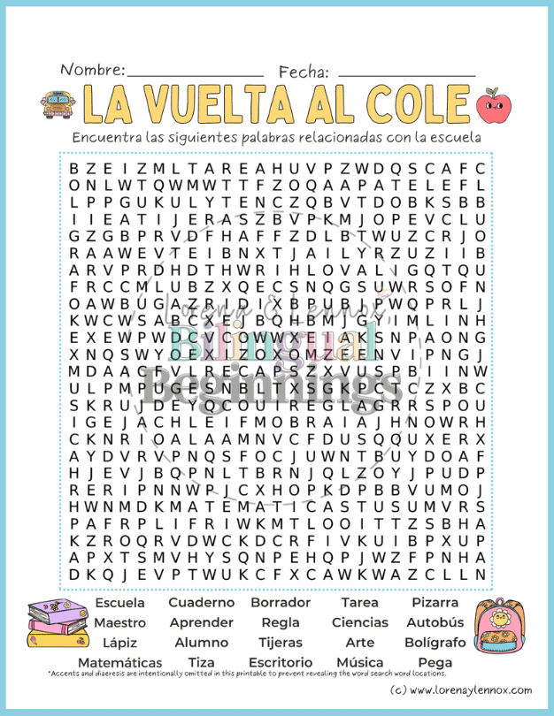 Fun Spanish Word Search for Back to School