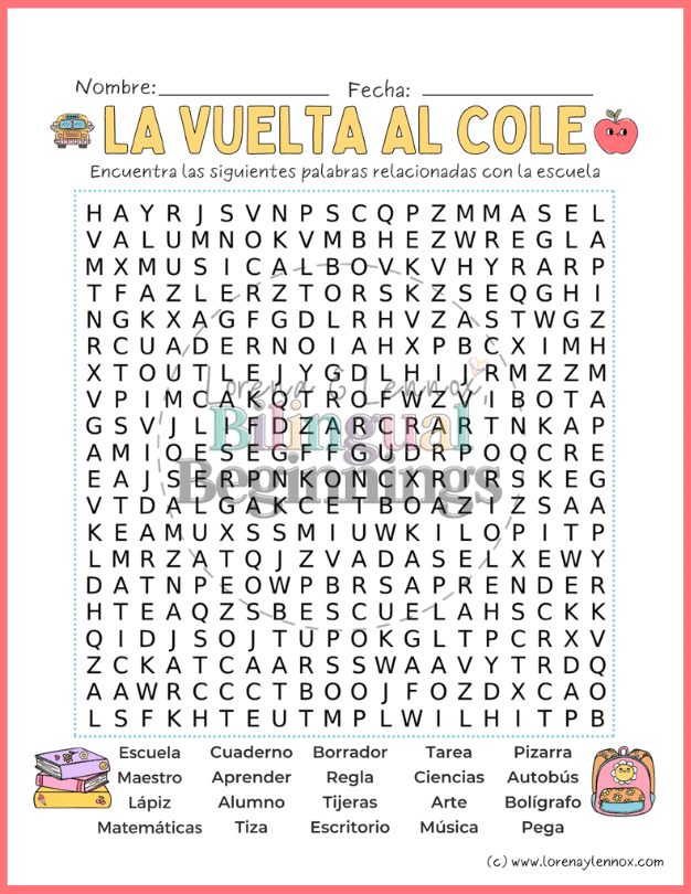 Free Back-to-School Spanish Word Search Printable