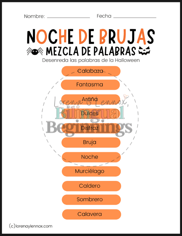 Halloween Word Scramble in Spanish – Answer Key